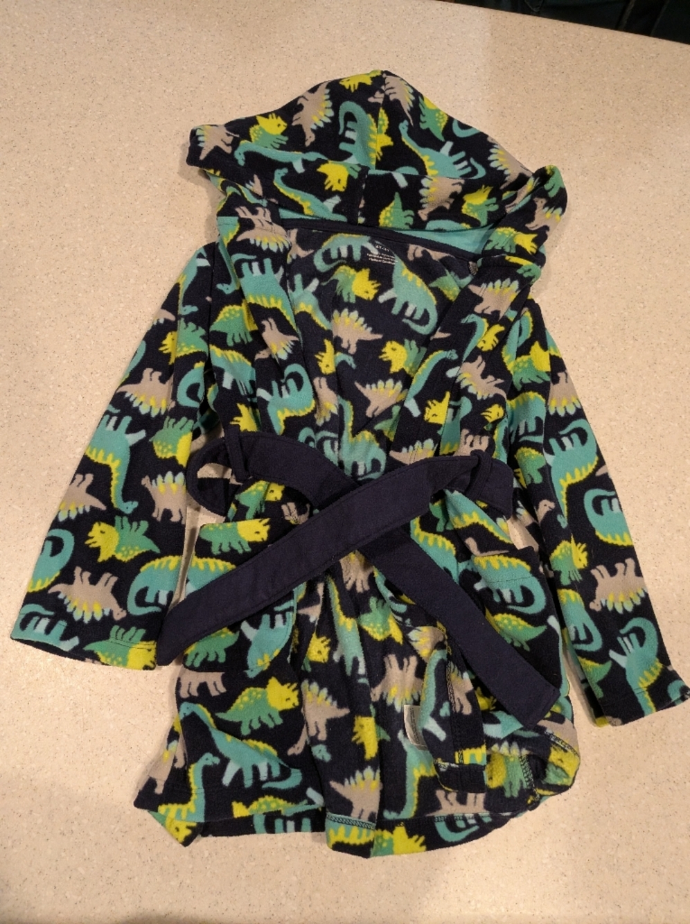 Toddler Navy Fleece Robe with Green & Yellow Dinosaur Print